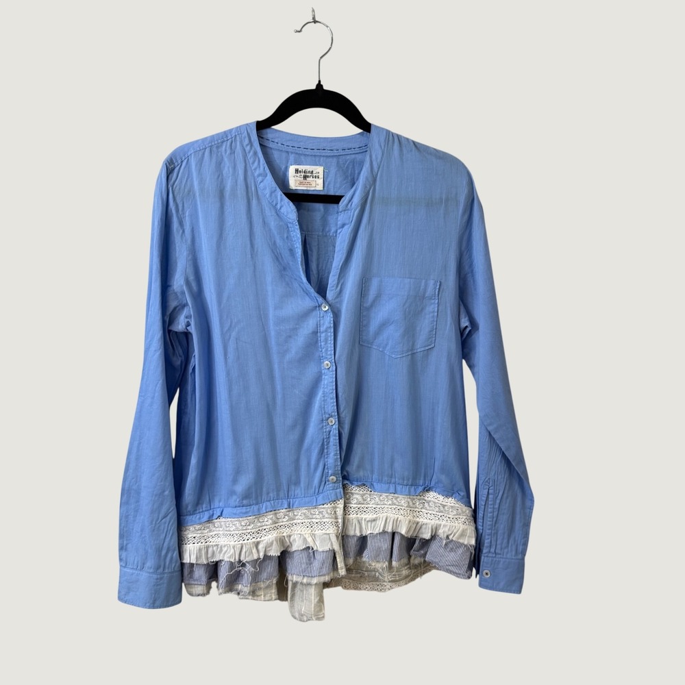 Holding Horses Anthropologie Blue Lace Ruffle Hem Western Boho Romantic Size 10
